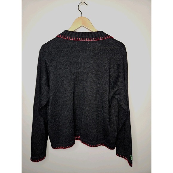 B.P. Design Sweater L Black Embroidered Christmas Holiday Button Up Ramie Cotton - Picture 6 of 10